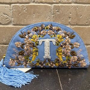 NWT Anthropologie Leather Beaded Monogram Clutch Letter T